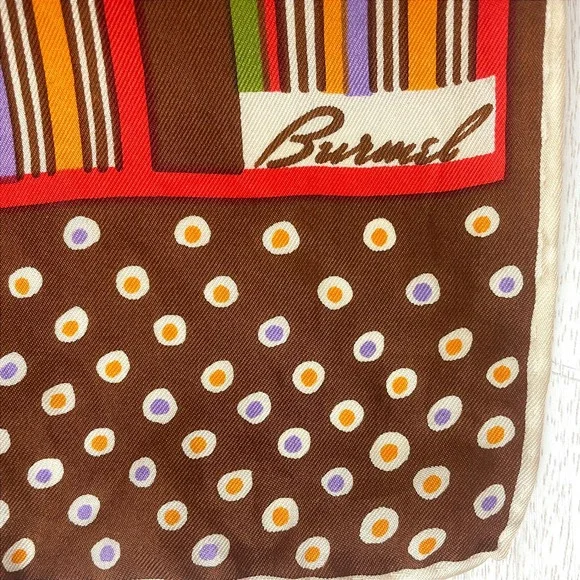 Vintage BURMEL Rectangle 13x46 Neck Scarf Mod‎ Silk Graphic 60s Brown Stripe Dot - Picture 5 of 7